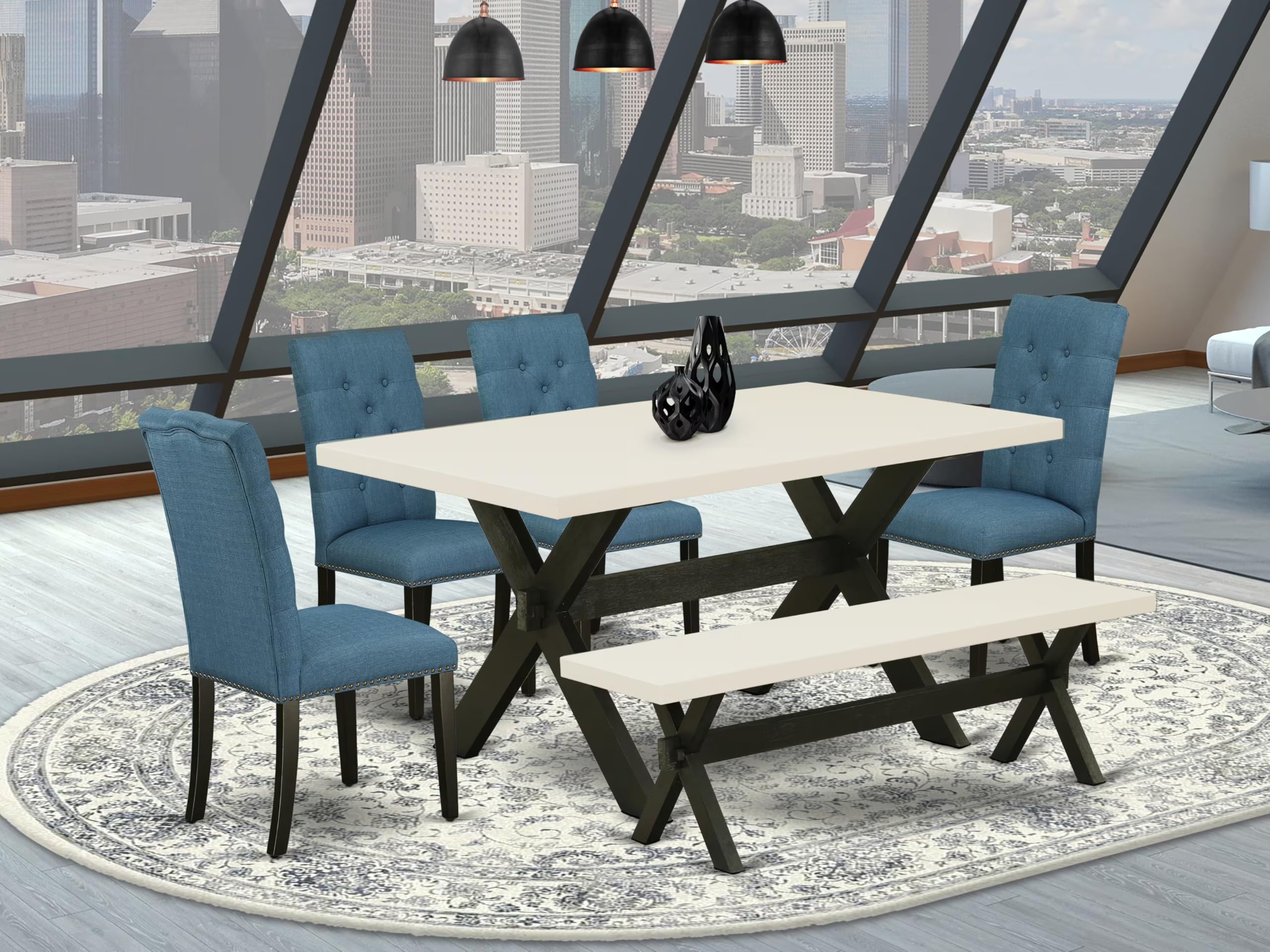 East West Furniture X626El121-6 6 Piece Dining Room Set Contains A Rectangle Dining Table With X-Legs And 4 Blue Linen Fabric Parson Chairs With A Bench, 36X60 Inch, Multi-Color